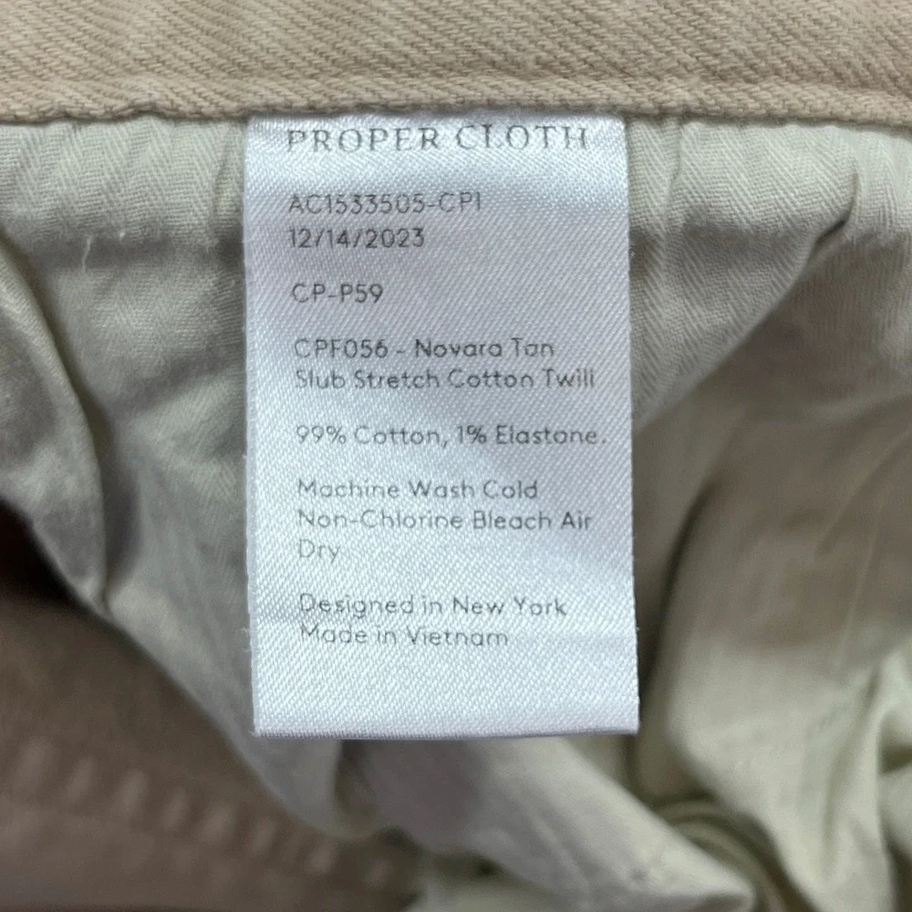 Proper Cloth Pants Mens 44x32 Novara Tan Khaki Slub Stretch Office Twill Modern